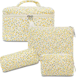 4Pcs Quilted Makeup Bag Set Cute Floral Cosmetic Bag Cotton Coquette Make up Bag Aesthetic Travel Toiletry Bag for Women Girls