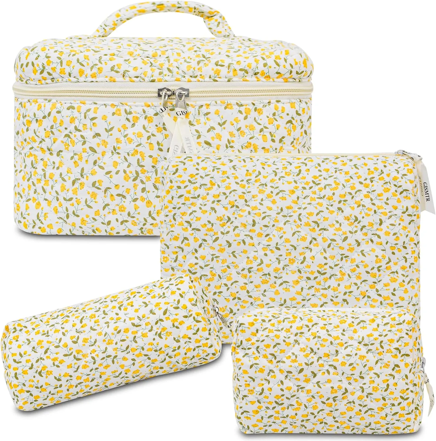 4Pcs Quilted Makeup Bag Set Cute Floral Cosmetic Bag Cotton Coquette Make up Bag Aesthetic Travel Toiletry Bag for Women Girls