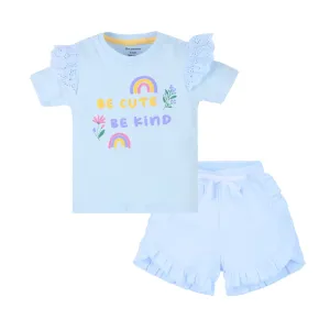 Baby Girl Puff Print Round Neck Tee With Schiffli Details Shorts - Baby Blue