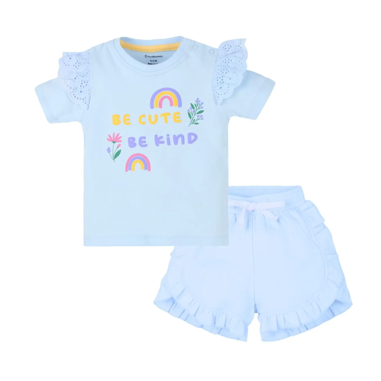 Baby Girl Puff Print Round Neck Tee With Schiffli Details Shorts - Baby Blue