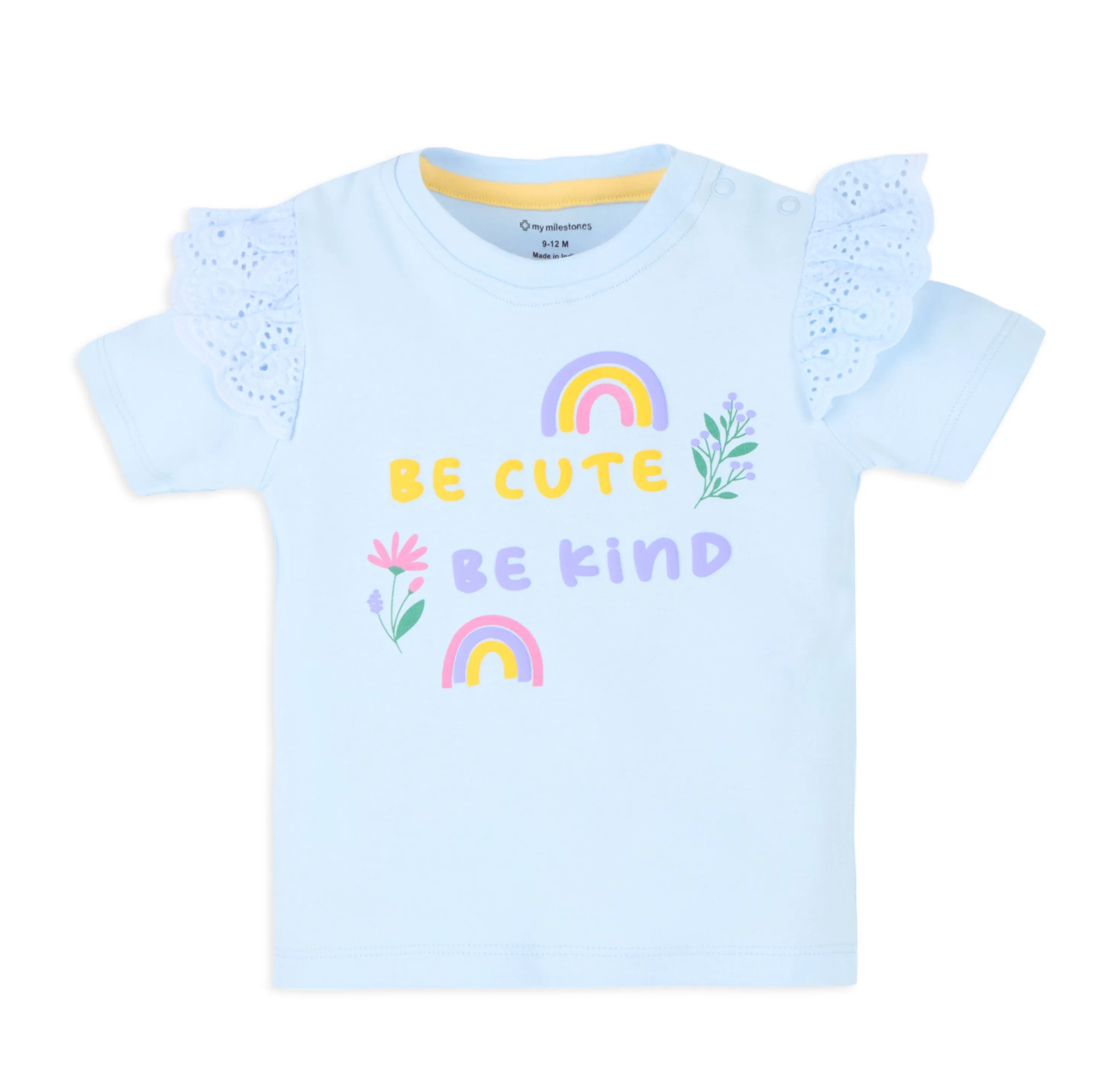 Baby Girl Puff Print Round Neck Tee With Schiffli Details Shorts - Baby Blue