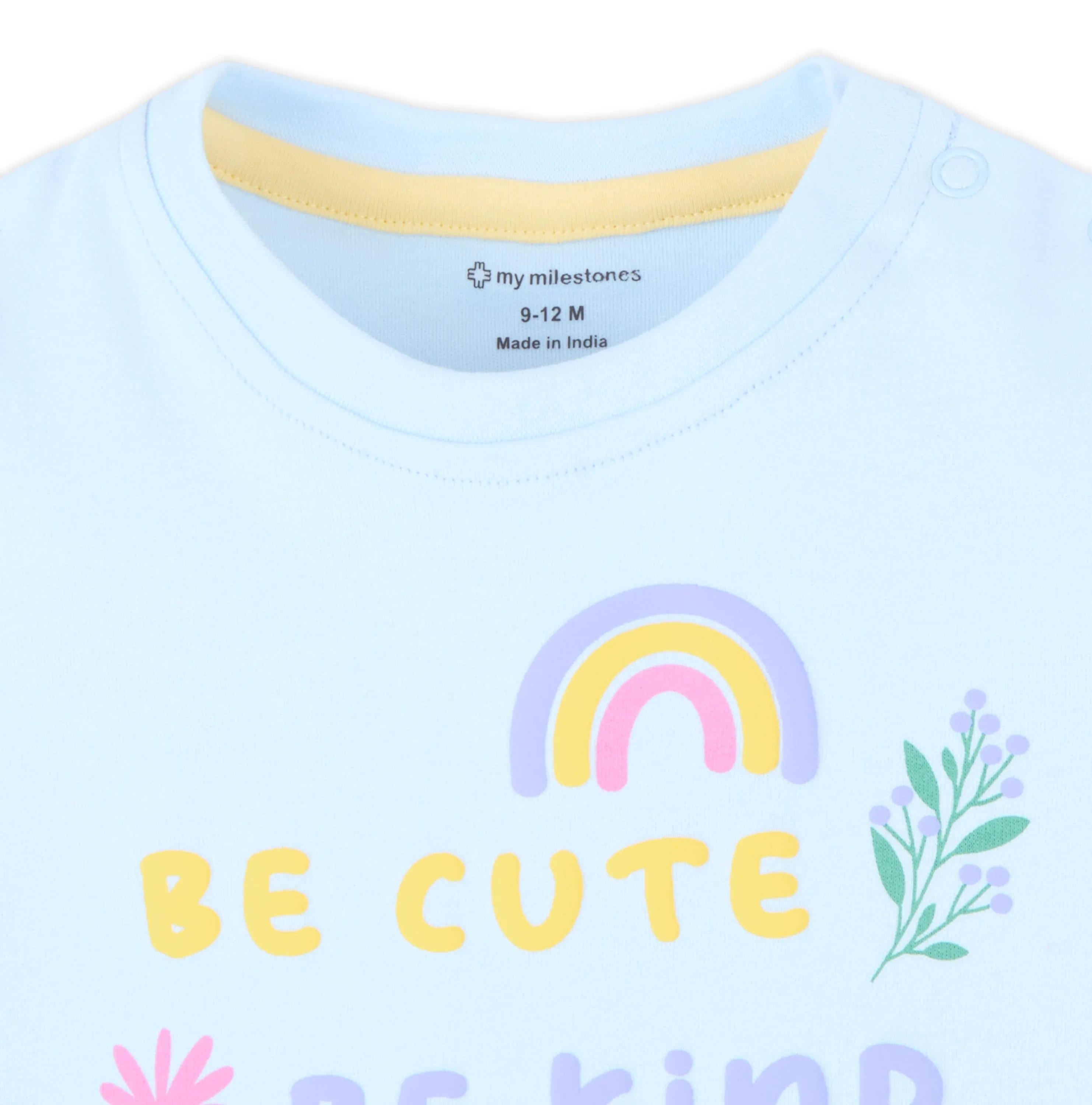 Baby Girl Puff Print Round Neck Tee With Schiffli Details Shorts - Baby Blue
