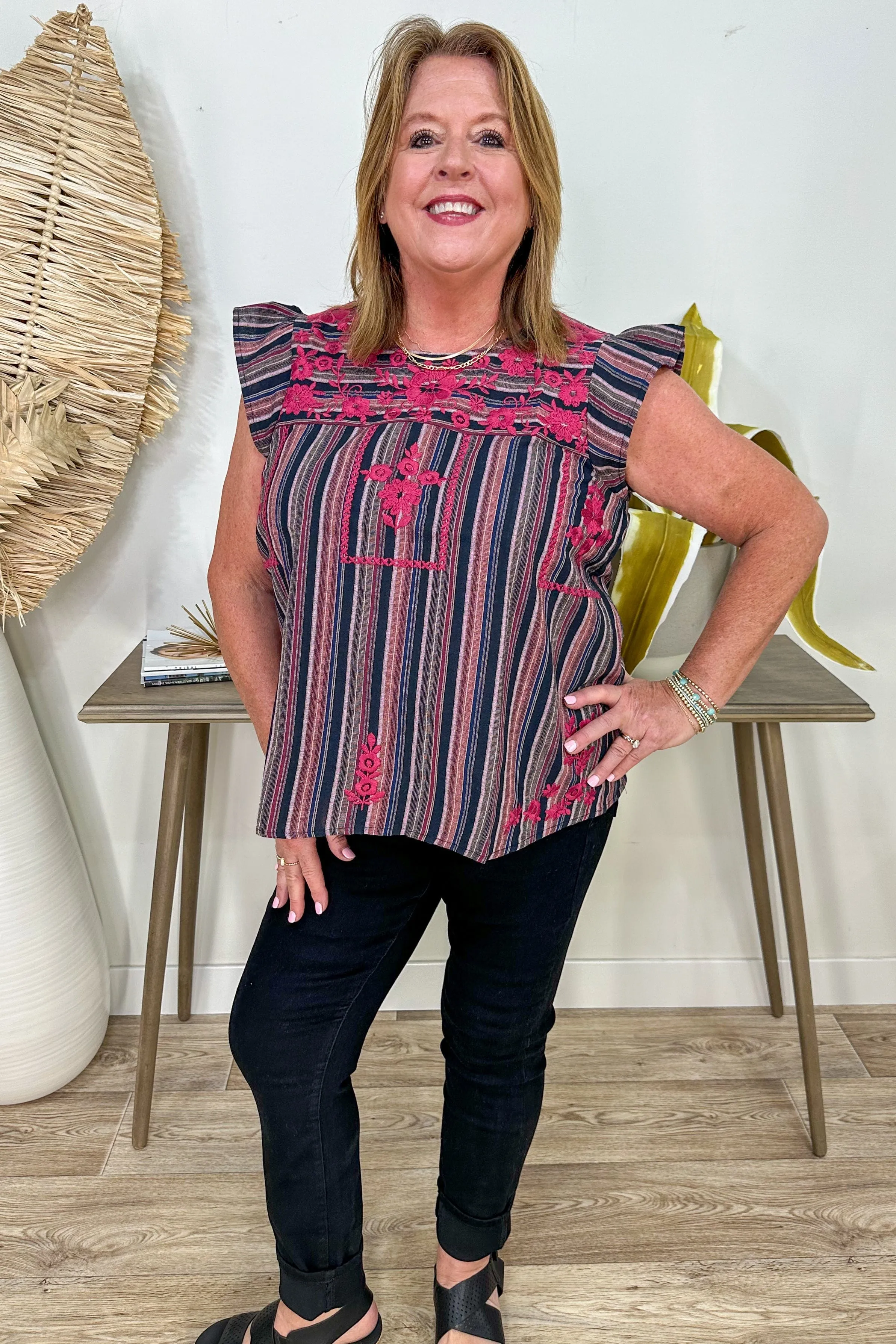 Black & Pink Embroidered Detail Top