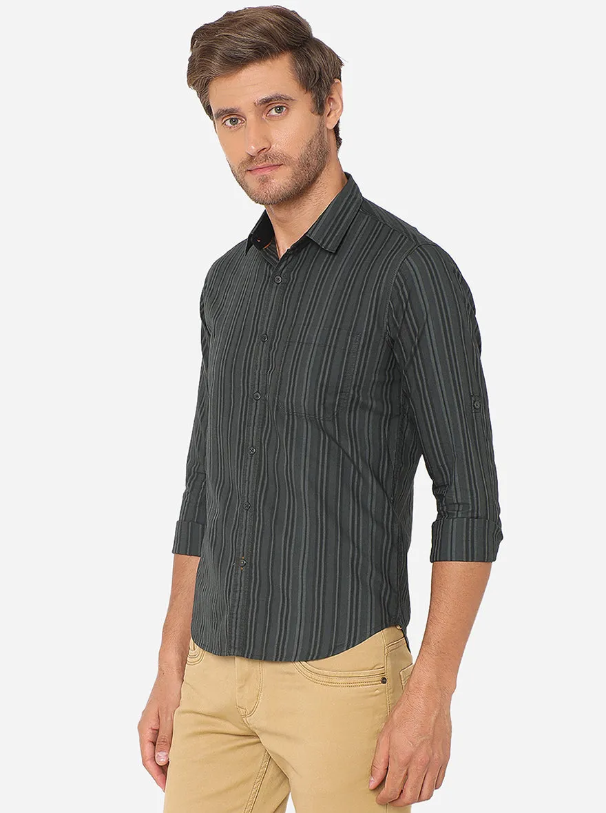 Black Striped Slim Fit Semi Casual Shirt | Greenfibre