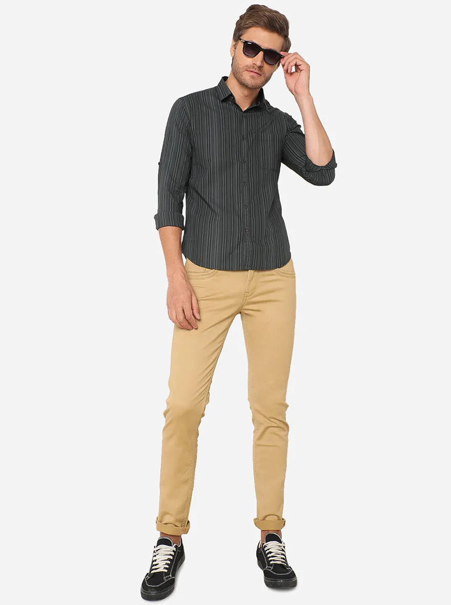 Black Striped Slim Fit Semi Casual Shirt | Greenfibre