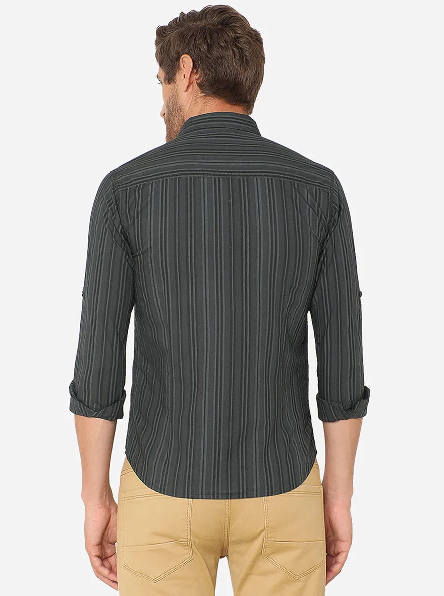 Black Striped Slim Fit Semi Casual Shirt | Greenfibre