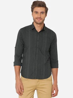 Black Striped Slim Fit Semi Casual Shirt | Greenfibre