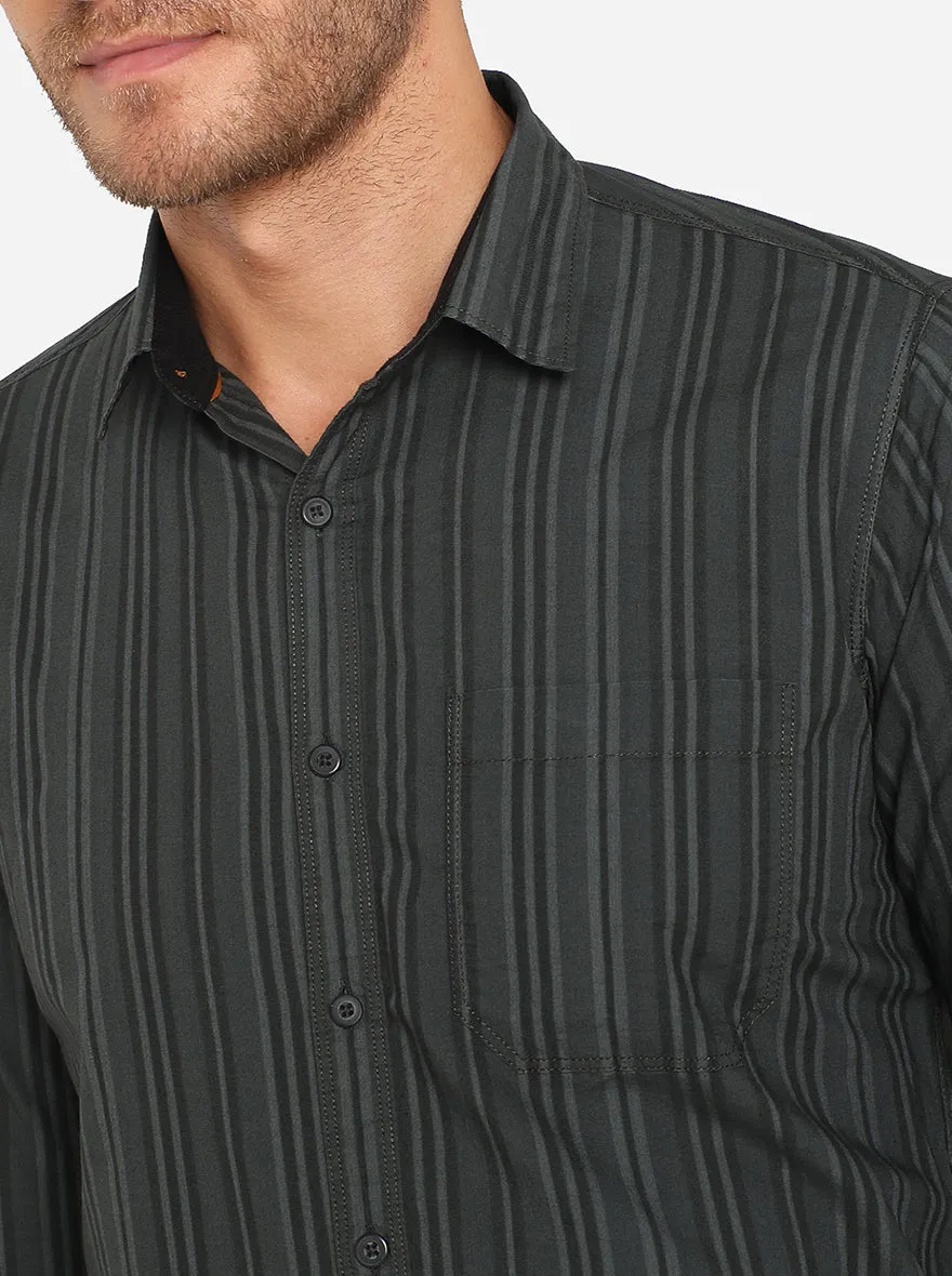 Black Striped Slim Fit Semi Casual Shirt | Greenfibre