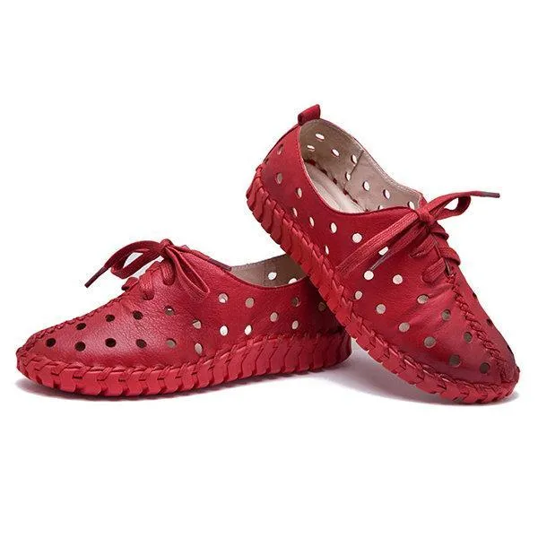 Hollow Out Breathable Stitching Lace Up Leather Soft Shoes
