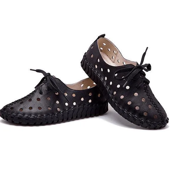 Hollow Out Breathable Stitching Lace Up Leather Soft Shoes