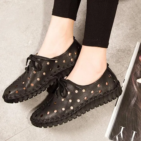 Hollow Out Breathable Stitching Lace Up Leather Soft Shoes