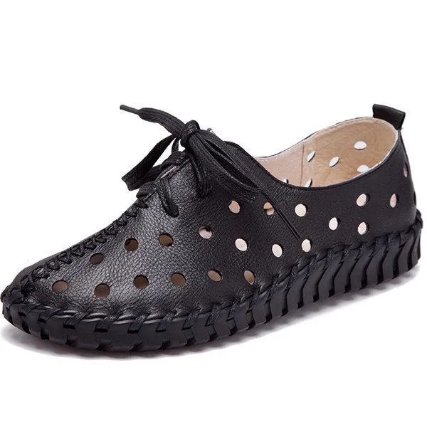 Hollow Out Breathable Stitching Lace Up Leather Soft Shoes