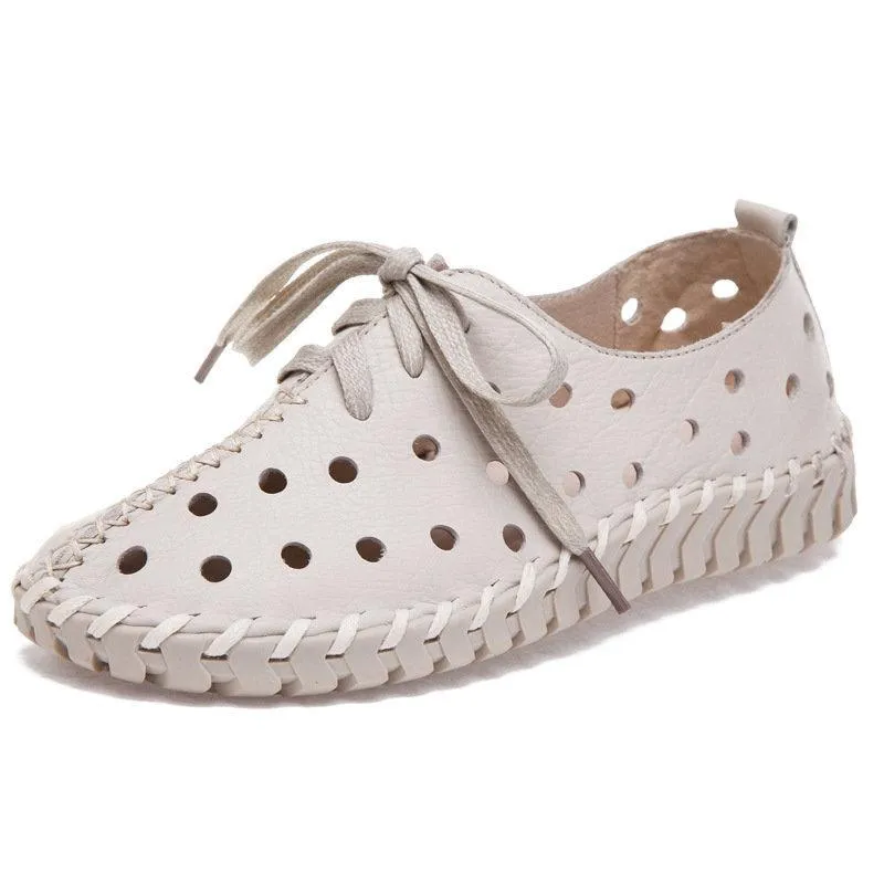 Hollow Out Breathable Stitching Lace Up Leather Soft Shoes