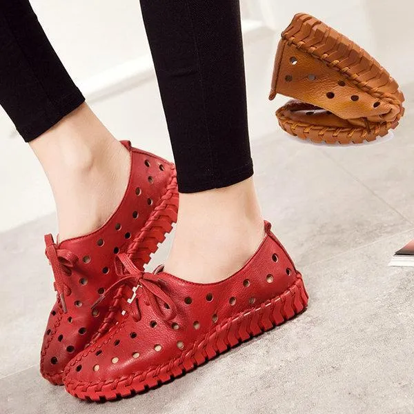 Hollow Out Breathable Stitching Lace Up Leather Soft Shoes
