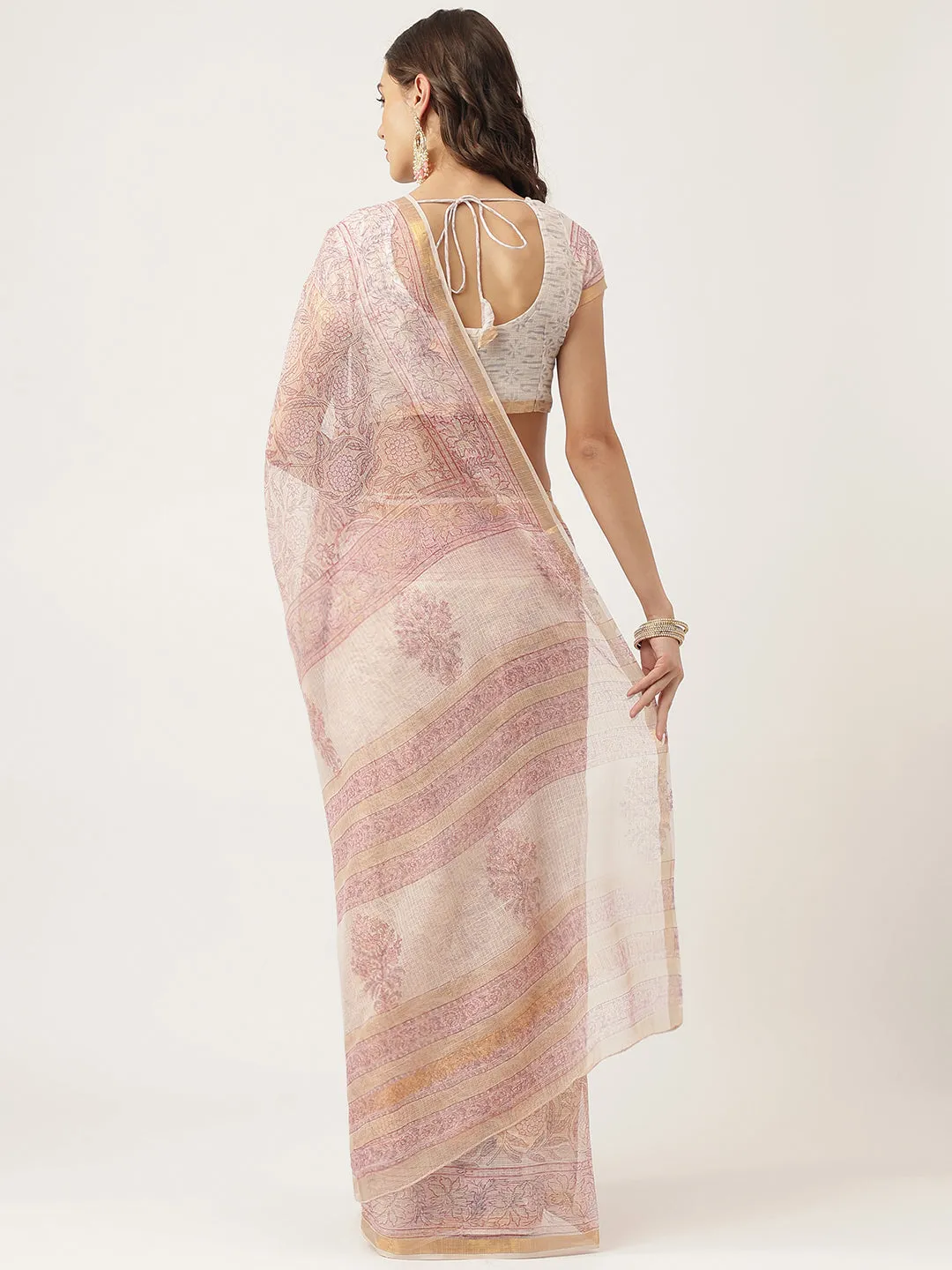 Jashvi Pink HandBlock Cotton Kota Doria Saree