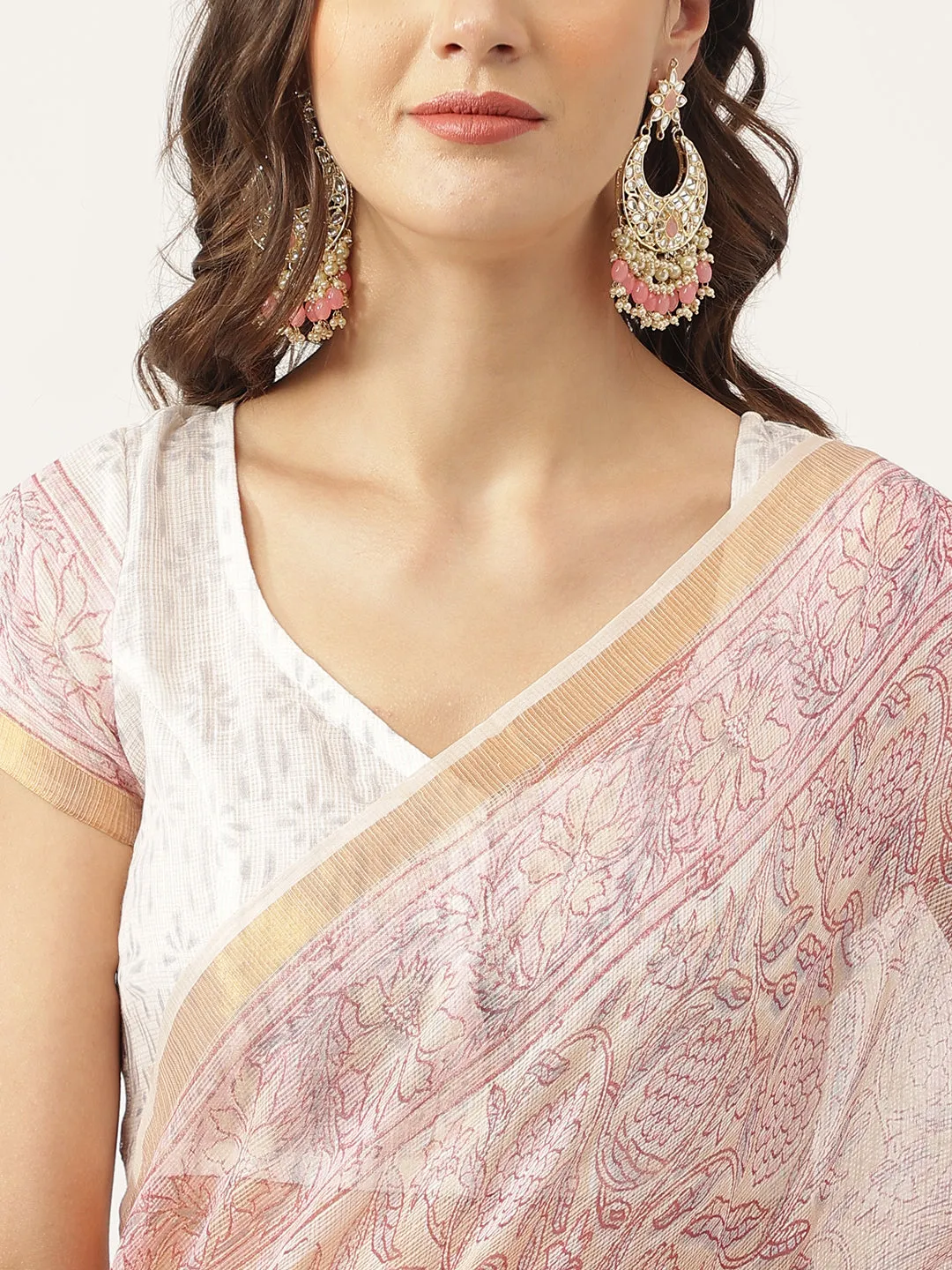 Jashvi Pink HandBlock Cotton Kota Doria Saree
