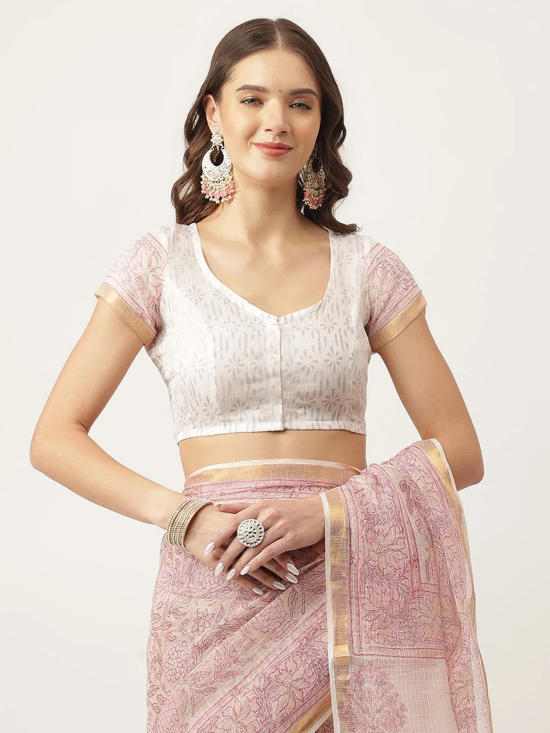 Jashvi Pink HandBlock Cotton Kota Doria Saree