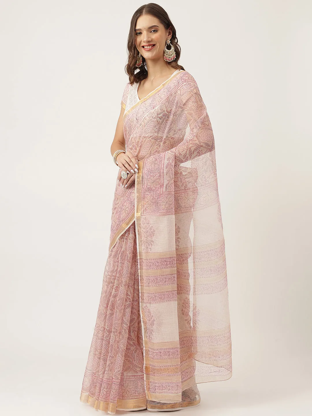 Jashvi Pink HandBlock Cotton Kota Doria Saree