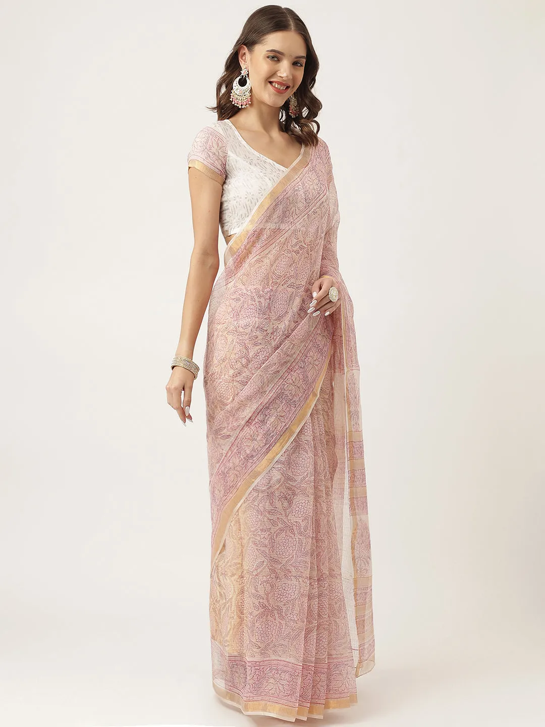 Jashvi Pink HandBlock Cotton Kota Doria Saree
