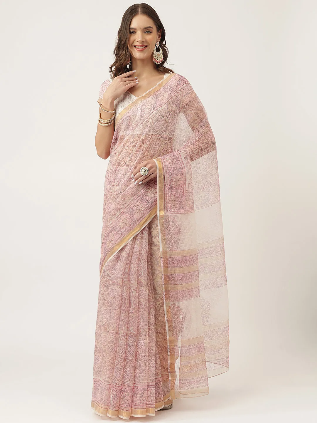 Jashvi Pink HandBlock Cotton Kota Doria Saree