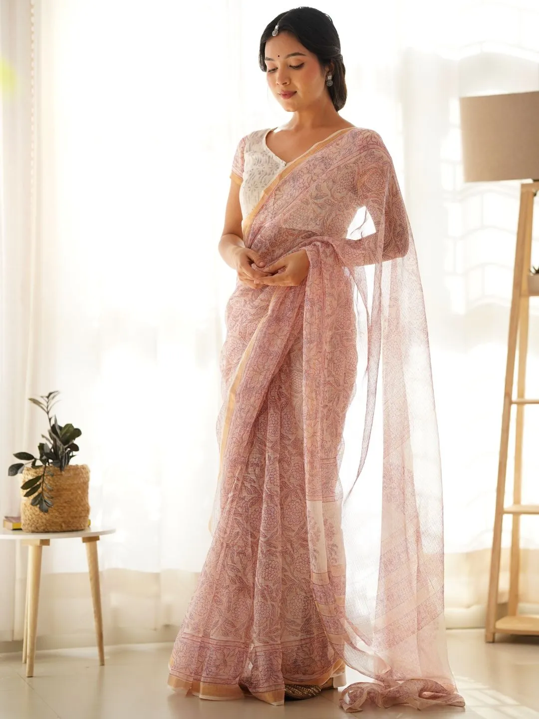 Jashvi Pink HandBlock Cotton Kota Doria Saree