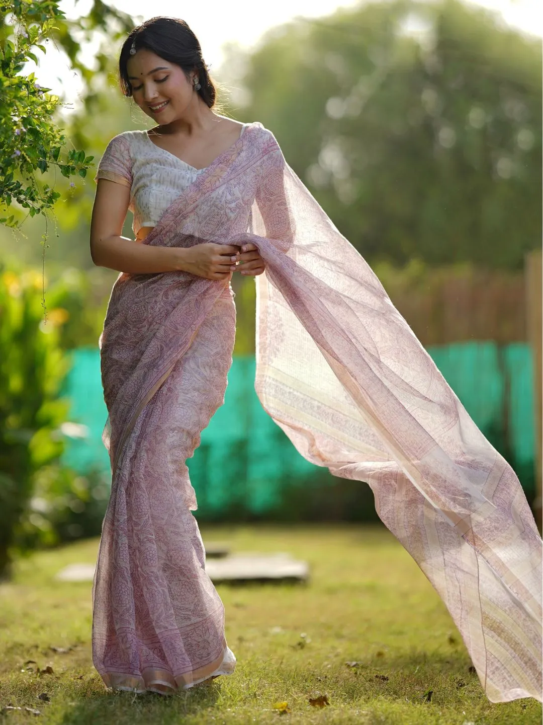 Jashvi Pink HandBlock Cotton Kota Doria Saree