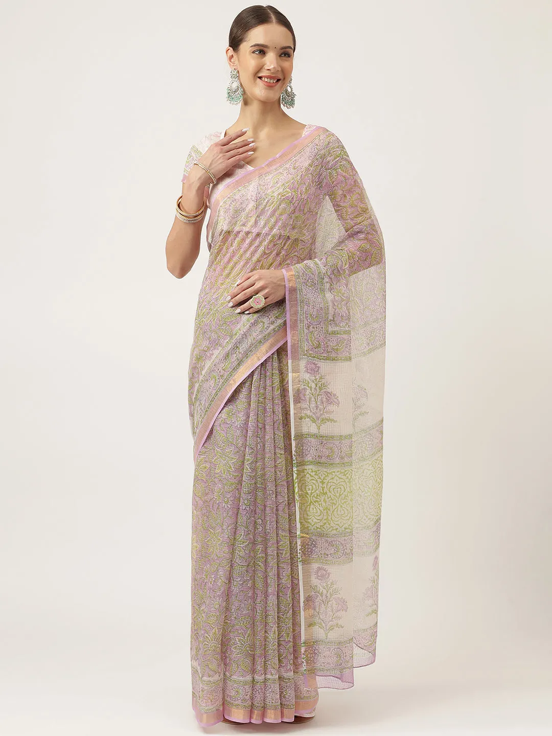 Jashvi Purple HandBlock Kota Doria Saree