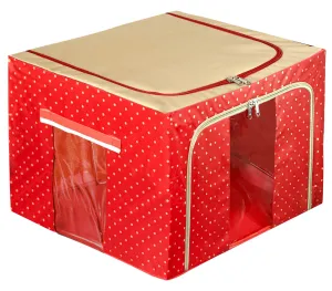 Kuber Industries Dot Printed Steel Frame Living Box, Closet Organizer, Cloth Storage Boxes for Wardrobe With Clear Window, 44Ltr. (Red & Brown)-44KM0230
