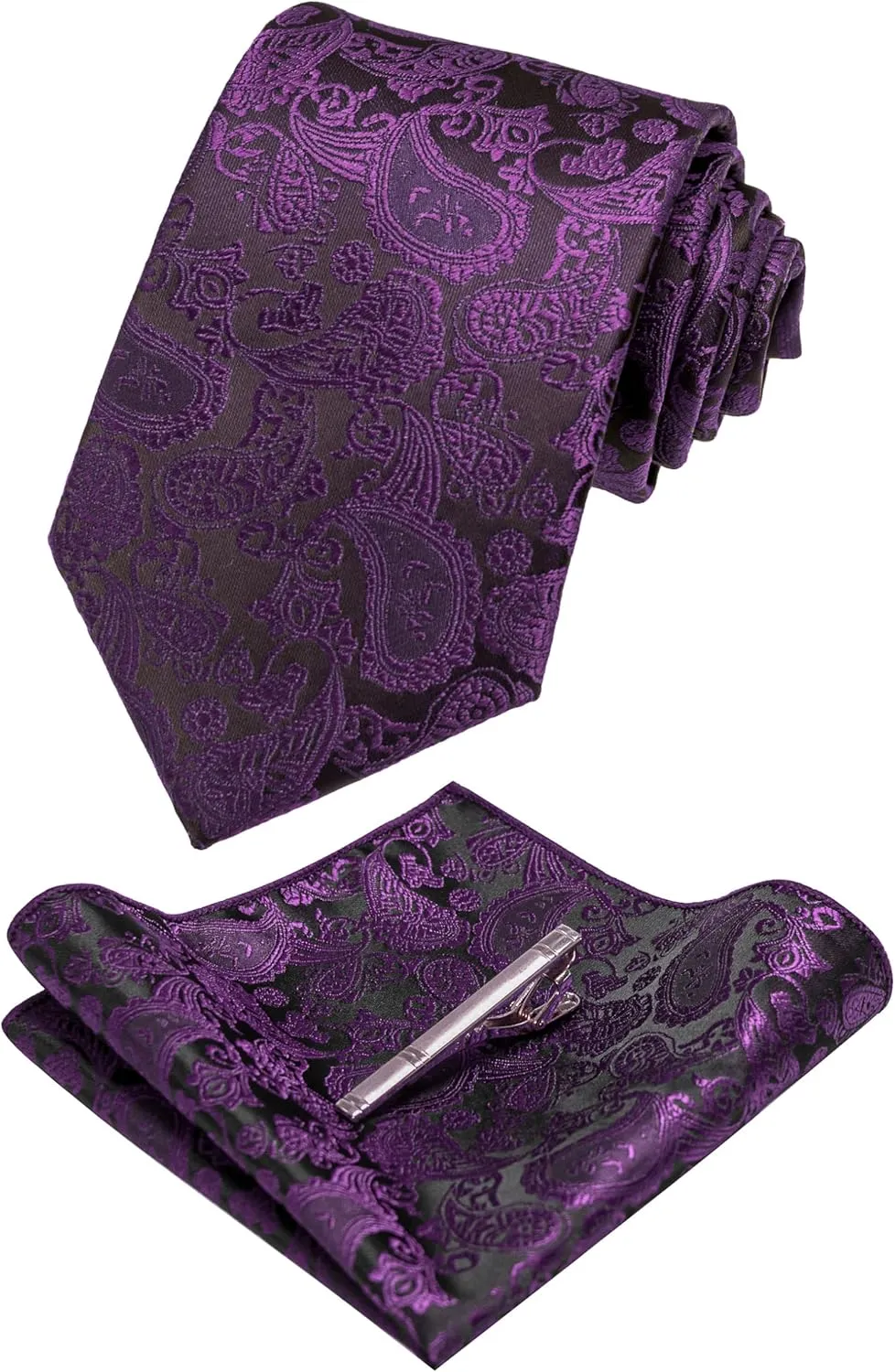 Mens Solid Color Paisley Necktie and Pocket Square with Tie Clip Sets