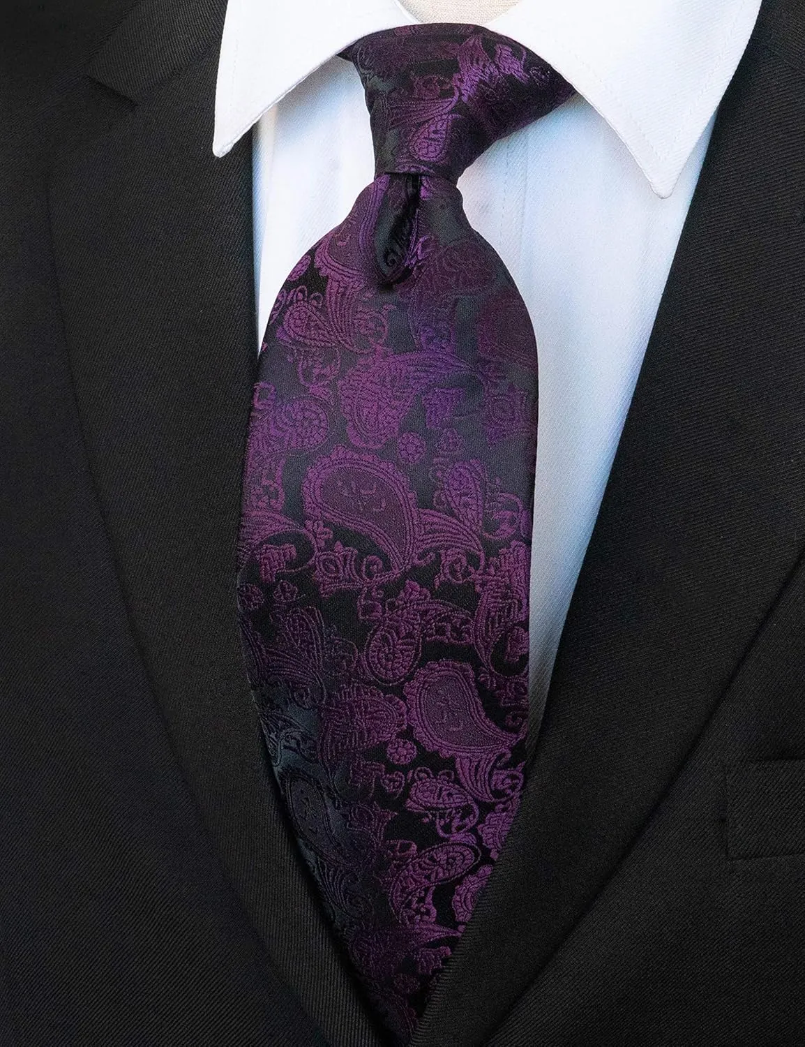 Mens Solid Color Paisley Necktie and Pocket Square with Tie Clip Sets