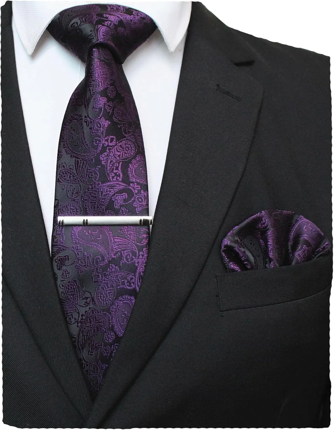 Mens Solid Color Paisley Necktie and Pocket Square with Tie Clip Sets