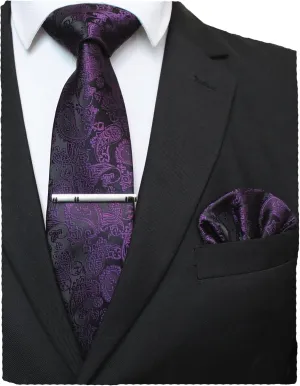 Mens Solid Color Paisley Necktie and Pocket Square with Tie Clip Sets