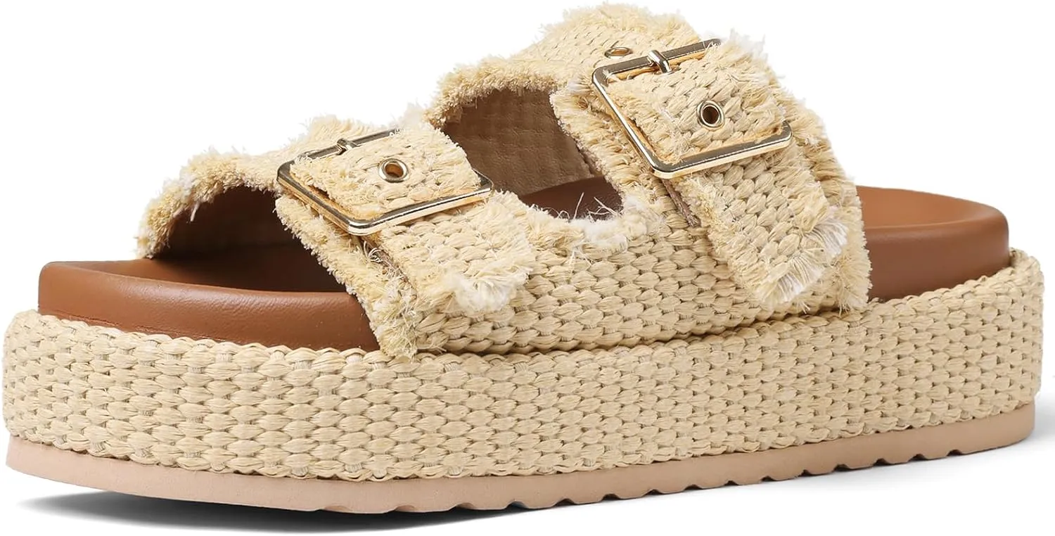 mikarka Raffia Platform Sandals for Women 2025: Resort Womens Sandals Comfortable - Summer Beach Sandals Buckle Straps Espadrilles Flatform Slides Mules