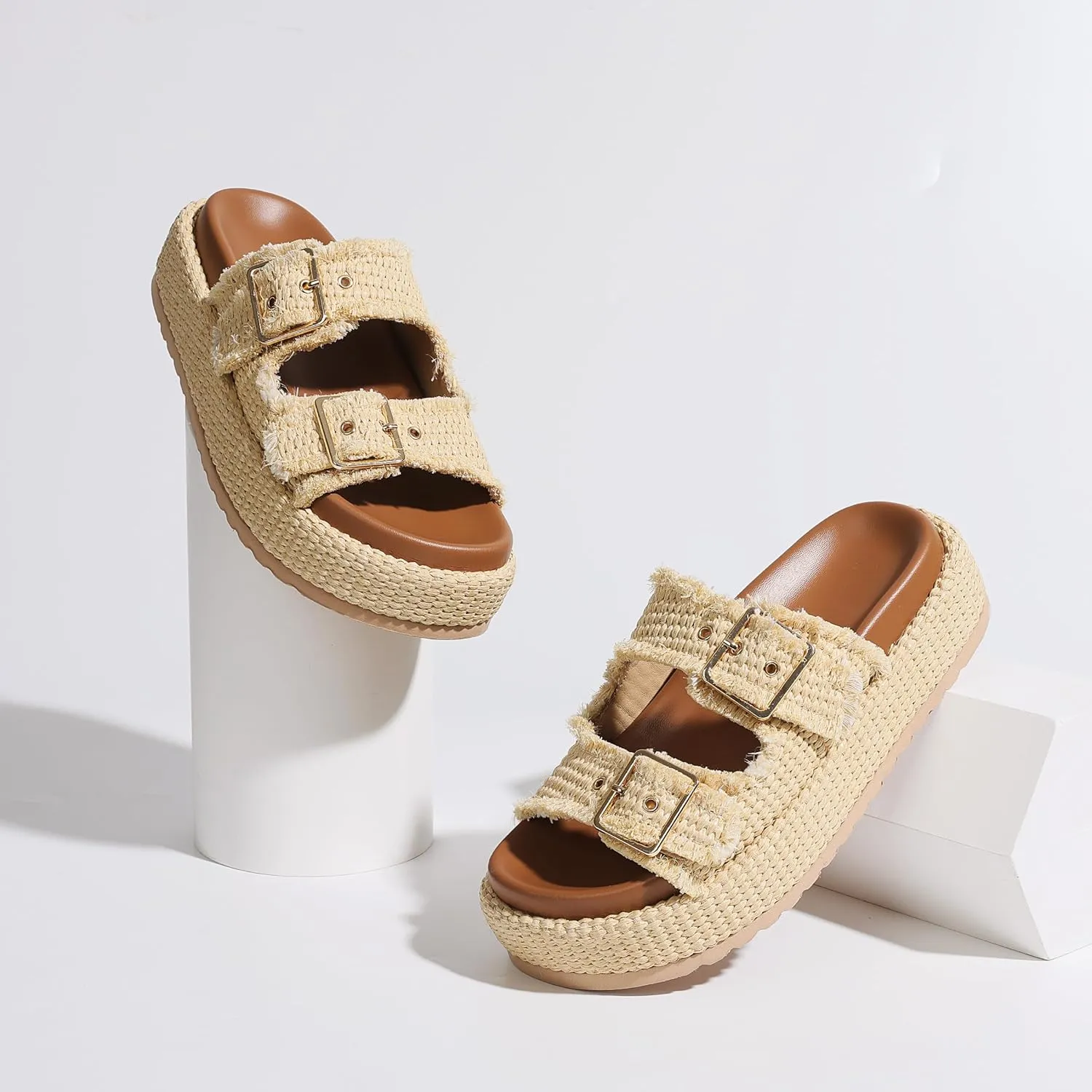 mikarka Raffia Platform Sandals for Women 2025: Resort Womens Sandals Comfortable - Summer Beach Sandals Buckle Straps Espadrilles Flatform Slides Mules