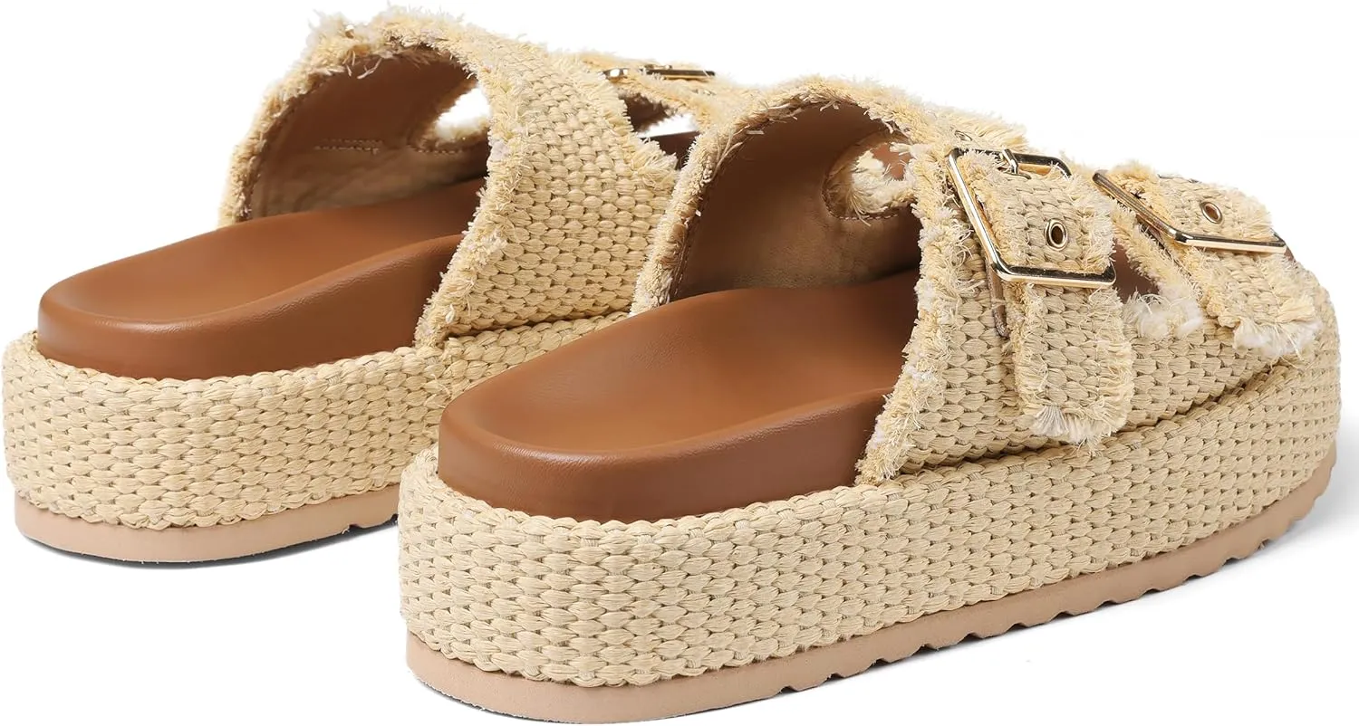 mikarka Raffia Platform Sandals for Women 2025: Resort Womens Sandals Comfortable - Summer Beach Sandals Buckle Straps Espadrilles Flatform Slides Mules