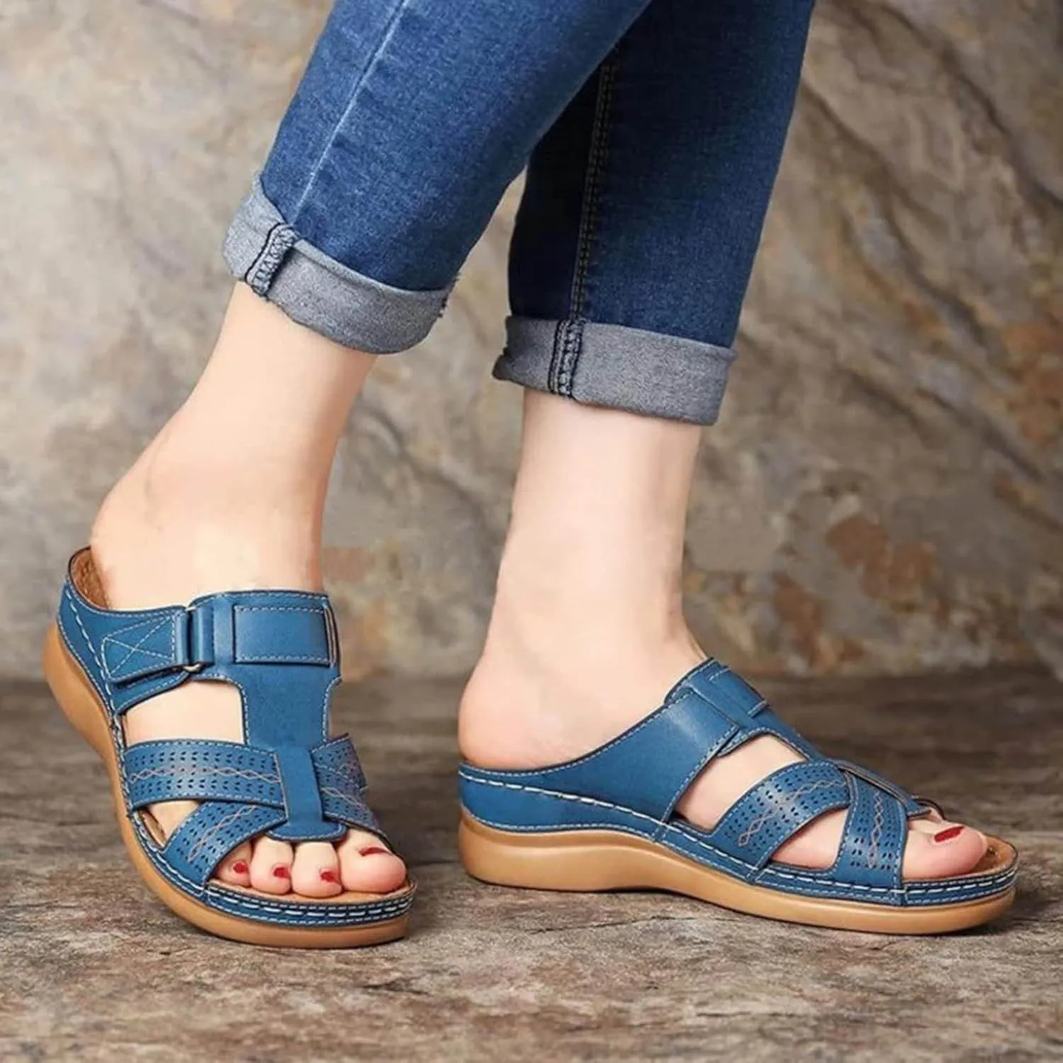 Orthopedic Sandals for Women Arch Support Slide Wedge Sandals Open Toe Slip On Platforms Comfortable Walking Shoes