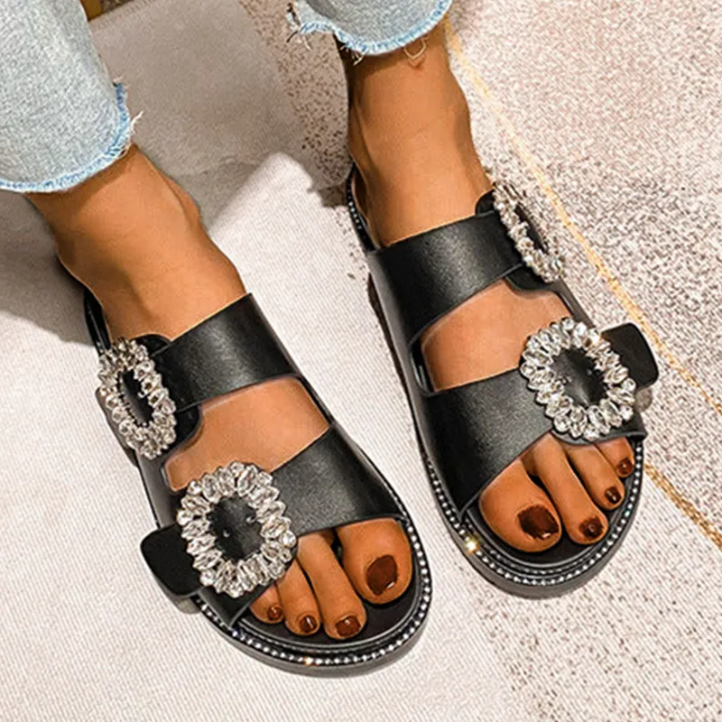 Owlkay Buckle Rhinestone Beach Sandals