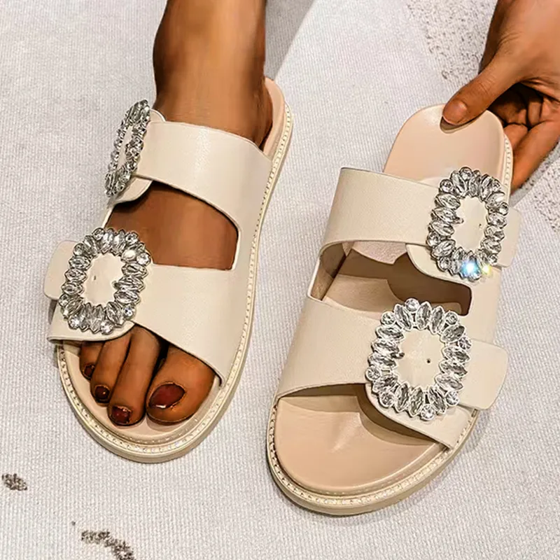 Owlkay Buckle Rhinestone Beach Sandals