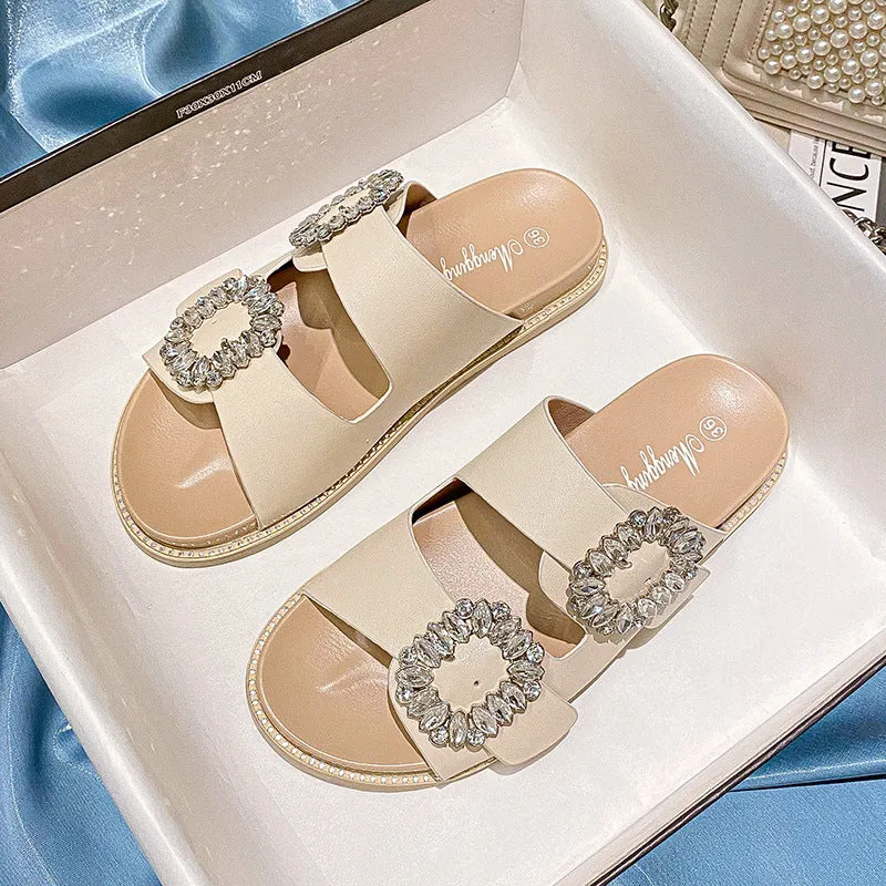 Owlkay Buckle Rhinestone Beach Sandals