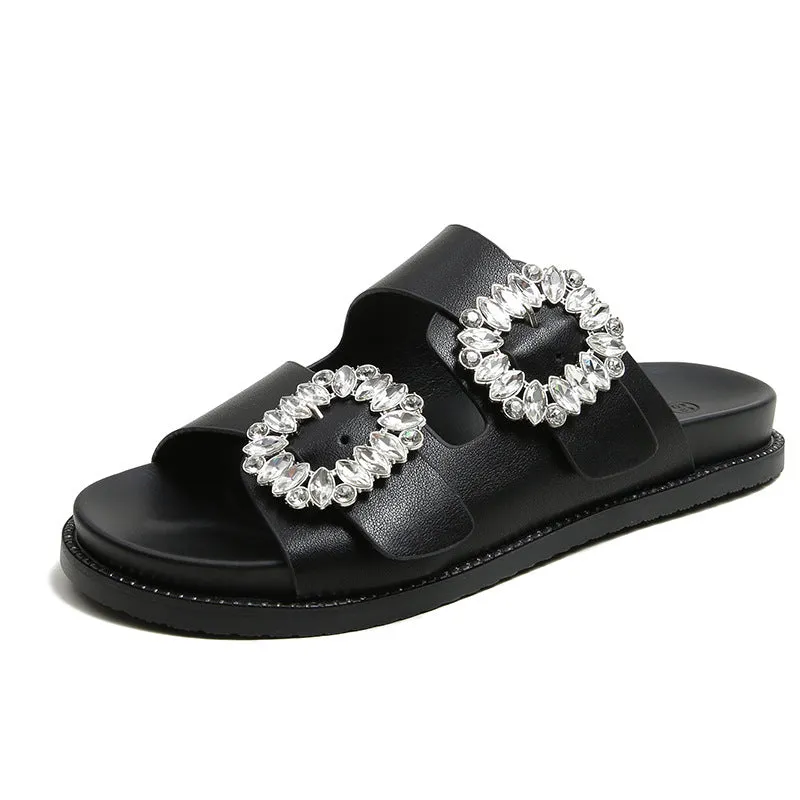Owlkay Buckle Rhinestone Beach Sandals