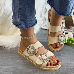 Owlkay Buckle Rhinestone Beach Sandals