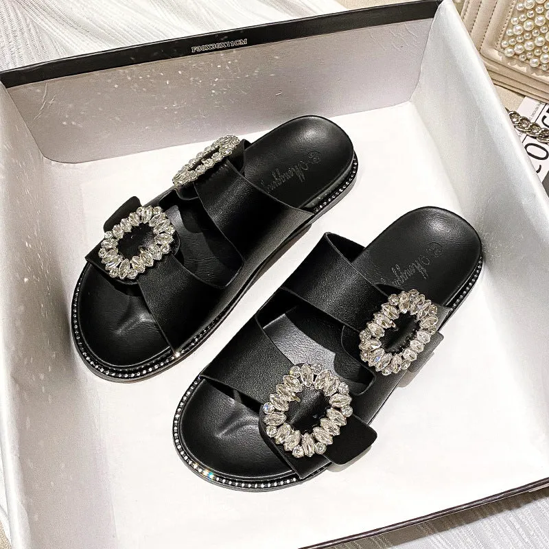 Owlkay Buckle Rhinestone Beach Sandals