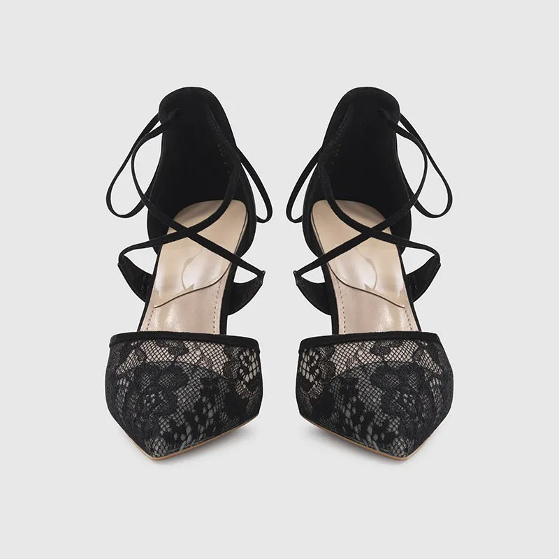 Pointed Head Cross Strap Thin Heeled Pumps