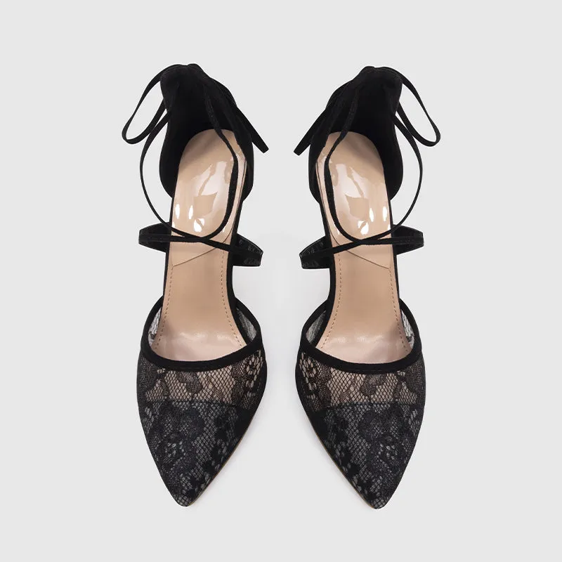 Pointed Head Cross Strap Thin Heeled Pumps