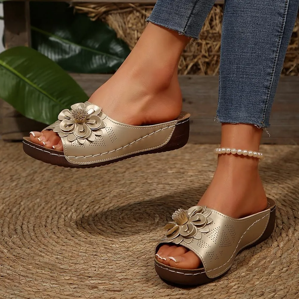 Rungion Womens Summer Beach Sandals Wedge Low Open Toe Slides Ladies Dressy Sandals Slipper Platform Comfortable Flower Sandals