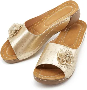 Rungion Womens Summer Beach Sandals Wedge Low Open Toe Slides Ladies Dressy Sandals Slipper Platform Comfortable Flower Sandals