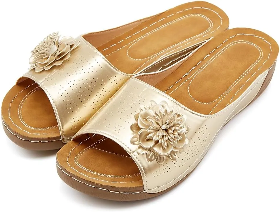 Rungion Womens Summer Beach Sandals Wedge Low Open Toe Slides Ladies Dressy Sandals Slipper Platform Comfortable Flower Sandals