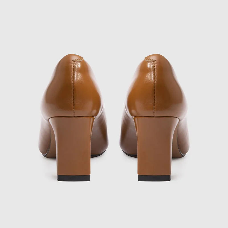 Square Toe Chunky Heeled Pumps Brown