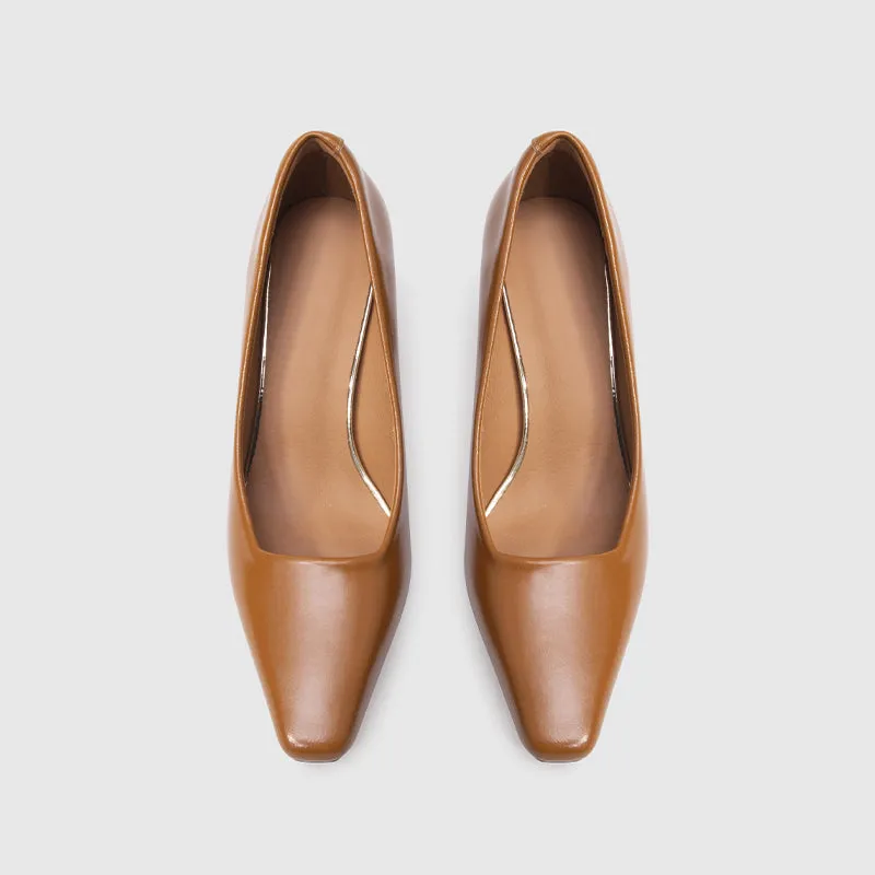 Square Toe Chunky Heeled Pumps Brown