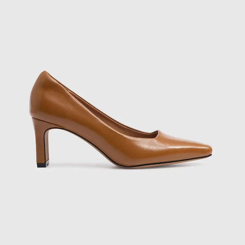Square Toe Chunky Heeled Pumps Brown